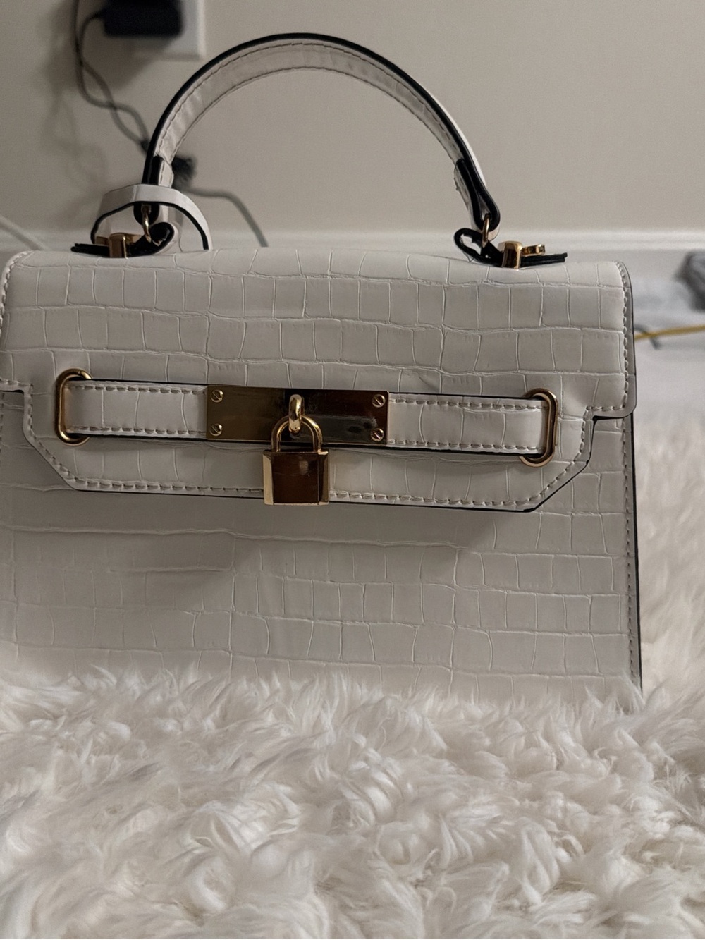 Aldo White Croc-Embossed Top-Handle Satchel with Gold Hardware